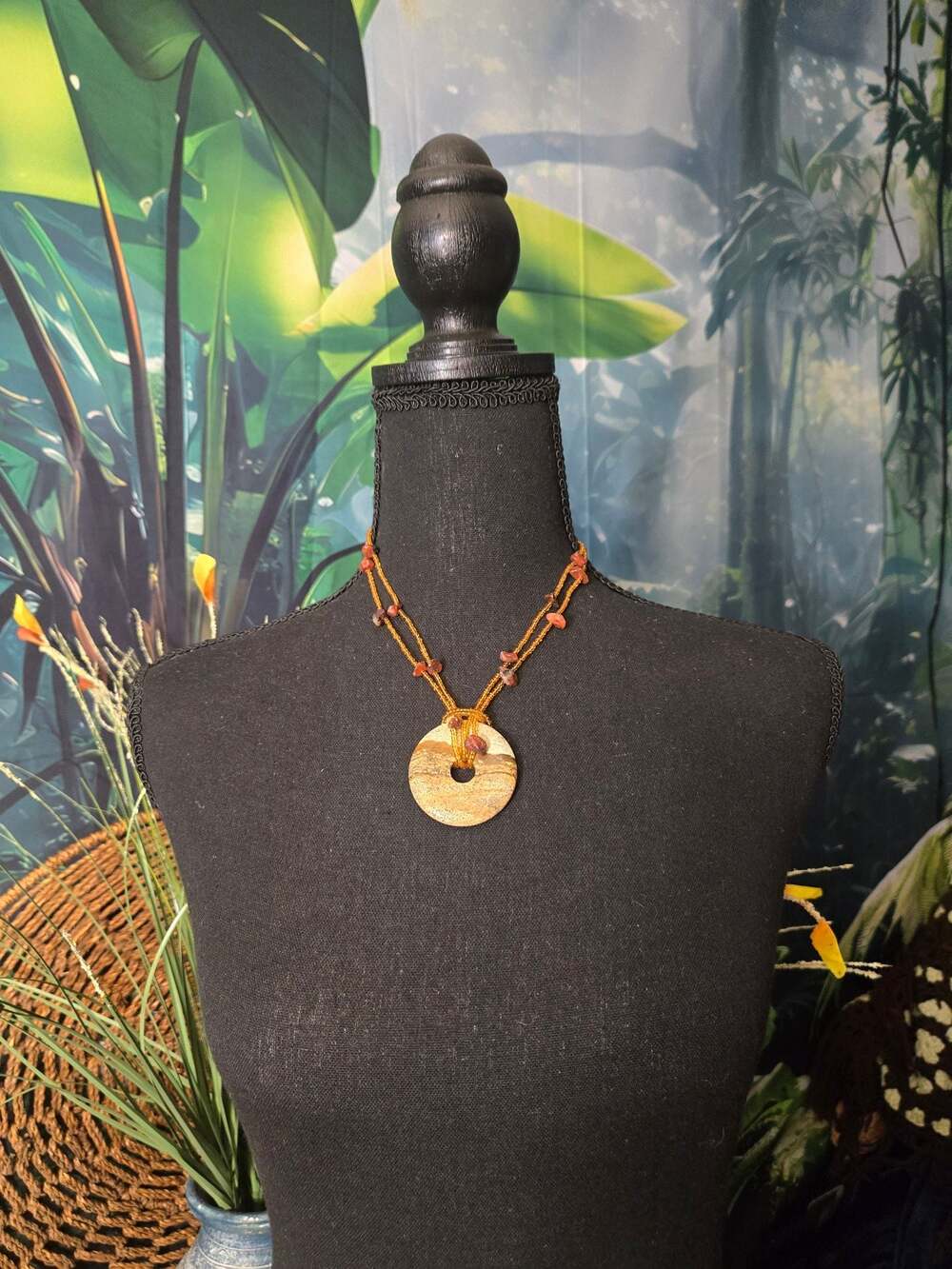 Boho Beaded Statement Necklace with Round Jasper Stone Pendant